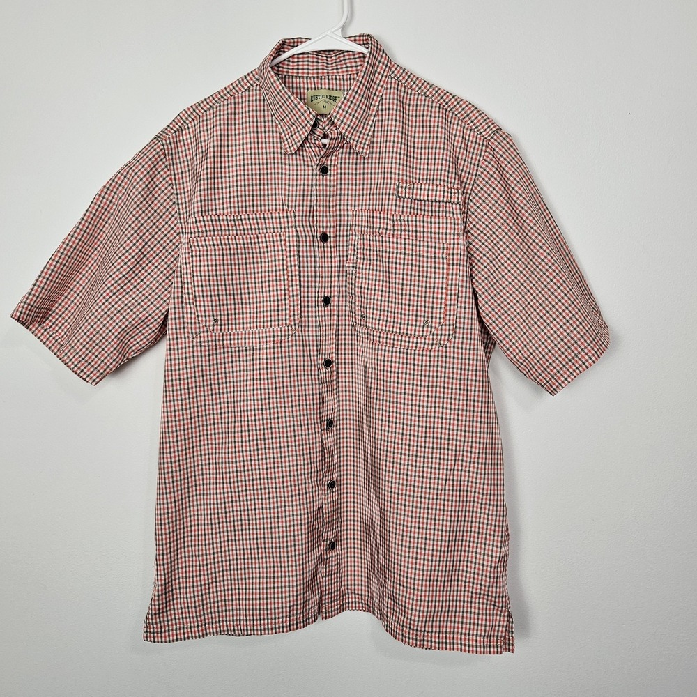 Rustic Ridge Shirt Mens Sz M Red Taupe Plaid Button Up Pockets Vent Camp Fishing